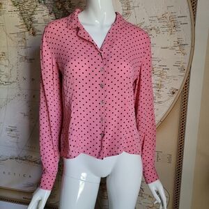 Casual Corner vintage 100% silk pale pink black polka dots button up blouse 10